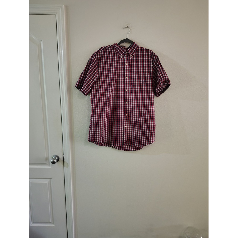 Chaps Mens XL Red Navy Blue Plaid Short Sleeve Button Down Shirt Cotton Blend